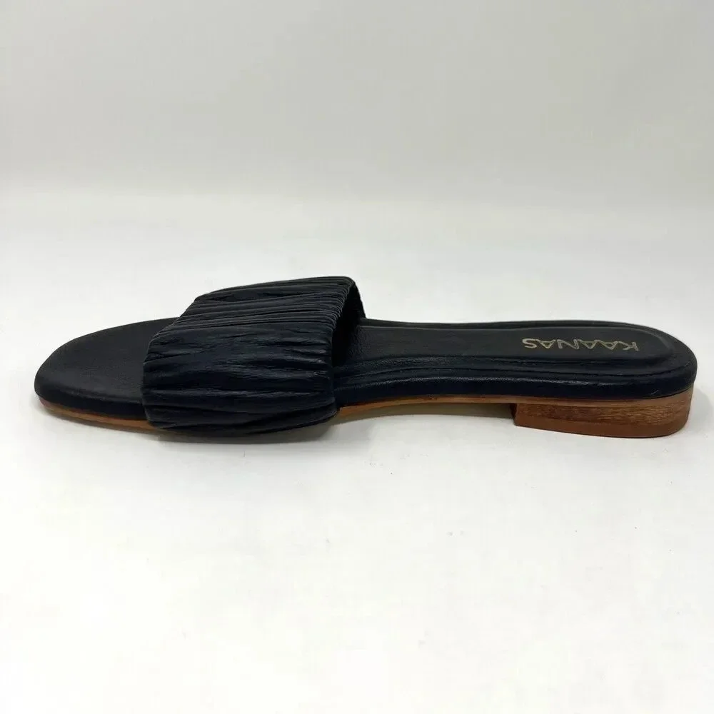 Kaanas Pekan Ruched Black Leather Slides Slip‎ On Sandals Shoes Women’s Size 6